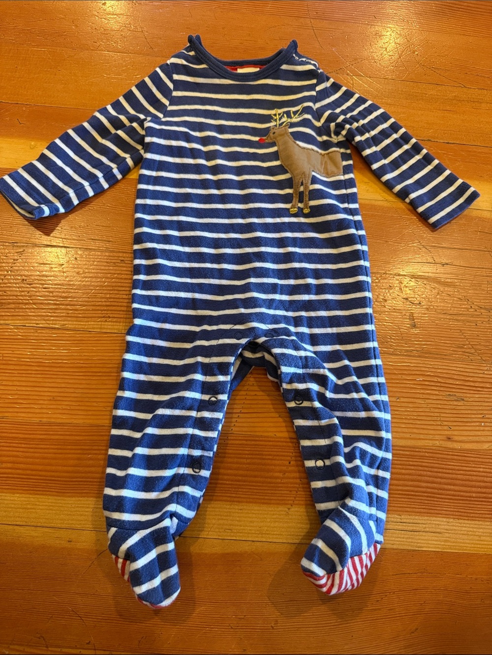 Baby Boden Navy and White Striped Footed One-Piece with Reindeer
